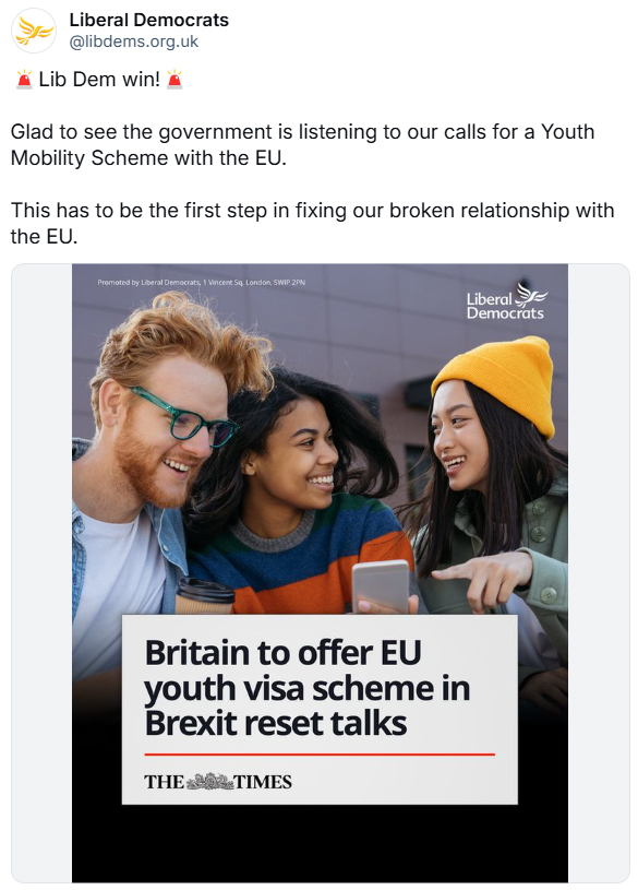 A screenshot of a post on the Liberal Democrats Bluesky account. The post reads ' 🚨Lib Dem win!🚨   Glad to see the government is listening to our calls for a Youth Mobility Scheme with the EU. This has to be the first step in fixing our broken relationship with the EU.' with a screenshot of a headline which reads 'Britain to offer EU youth scheme in Brexit reset talks' from the Times.
